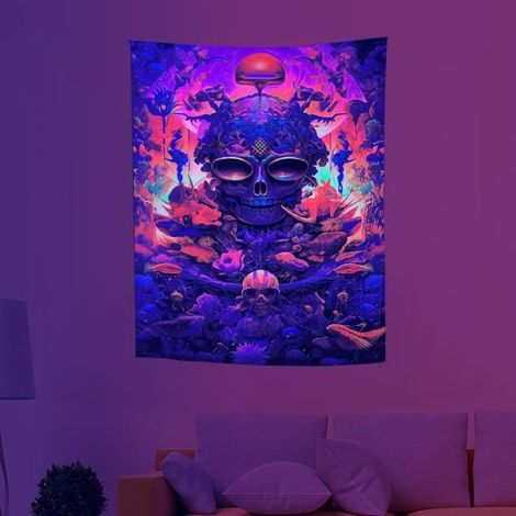 Tapisserie Squelette Halloween - Fluorescente UV - Décoration Murale Intérieure Extérieure - 150 cm x 150 cm - 1 Pièce (1/4)