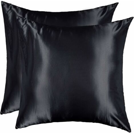 LaBlanc Taie d'oreiller Satin 60x60 Lot de 2 Lisse Elégant Housse Oreiller Carré Confort Soyeux Peau Frais Eté Fermeture Eclair Maison Hôtel, Noir (1/5)