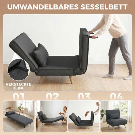 Fauteuil de Sieste 3-en-1 Pliable, Gris, avec Dossier Réglable et Rembourrage Épais en Tissu Lin (1/5)