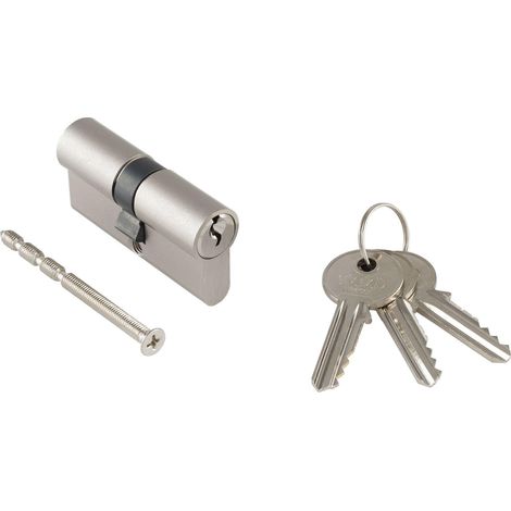 Double cylindre encastré pour porte - Serrure de sécurité - Sans carte de sécurité - Laiton nickelé - 30,5/30,5 mm - Avec 3 clés
