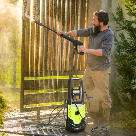 Idropulitrice ad alta pressione da 2200 W con accessori, angolo regolabile e arresto automatico, 32x32x80 cm, verde e nera.