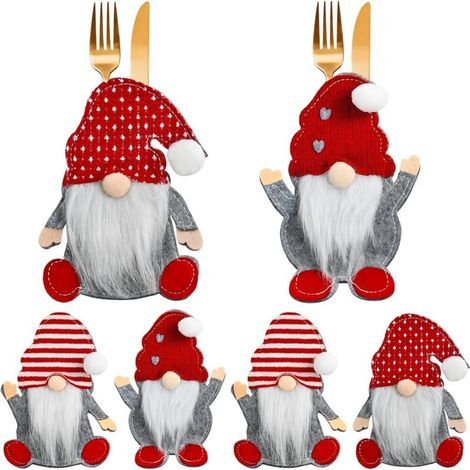 Porte Couverts de Noël, 6 Pièces Porte Couverts en Feutre de Noël, Père Noël Sac à Couverts pour Couteaux, Fourchettes et Cuillères, Décoration de Table Noel Deco (1/5)