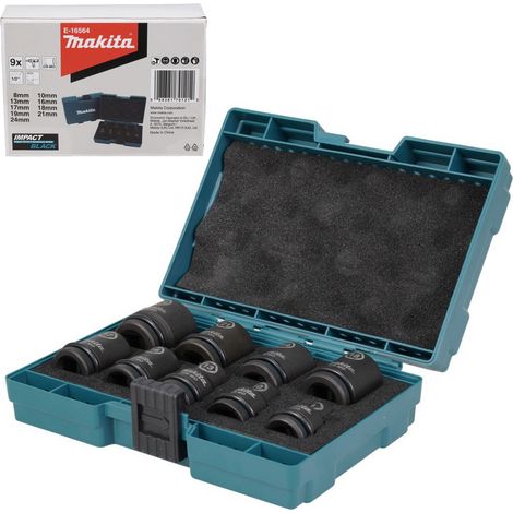 Makita E-16564 9 Piece Impact Black Socket Set 1/2"" Sq Drive Metric + Pin + Case