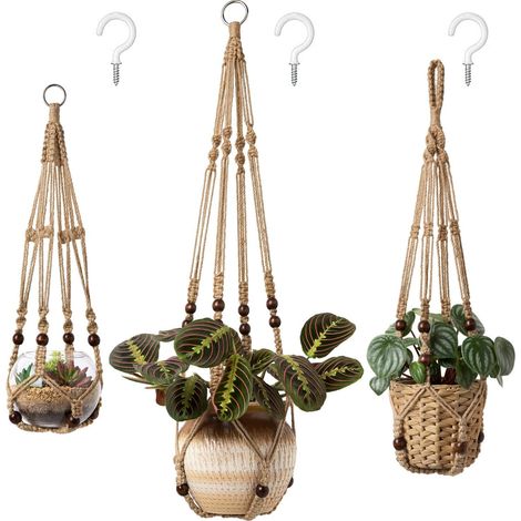 Lot de suspensions pour plantes en macramé d'intérieur, différentes tailles : paniers suspendus, pots de fleurs, avec perles, sans pompons, 89 cm / 74 cm / 58 cm, taille moyenne, marron