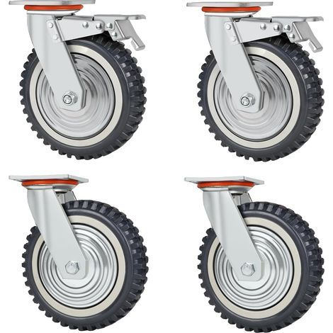 Satz mit 4 Schwerlast-Transportrollen, 200 mm Durchmesser, Lenkrollen mit Bremse, 360°-Vollgummilager, 2000 kg (1/5)