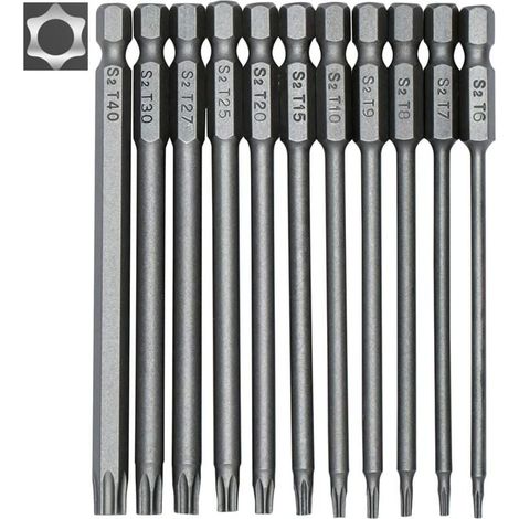 Juego de 11 puntas Torx largas ZVD para destornilladores y atornilladores eléctricos - Puntas magnéticas - Vástago hexagonal de 1/4" - Tamaños T6 a T40 - Longitud de 100 mm (1/4)