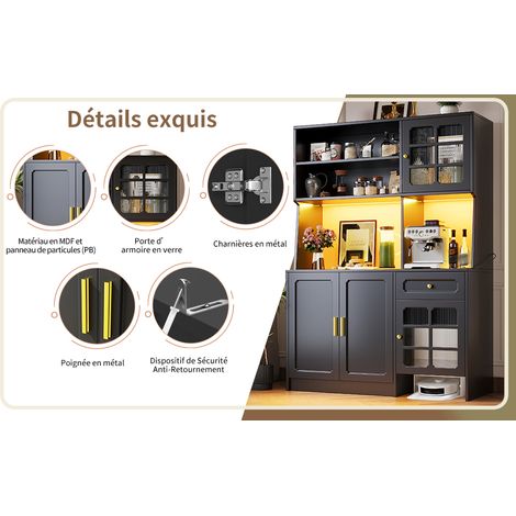 Buffet de cuisine (130 x 45 x 180 cm), meuble de cuisine haut, buffet, meuble de cuisine avec portes en verre et éclairage LED, noir (1/5)