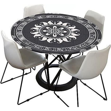 Nappe de table ronde d'extérieur 100 cm, lavable, imperméable, Mandala Noir-Blanc