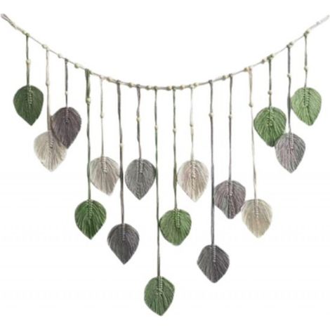 Tapisserie murale à motifs de feuilles tissées avec pompons, décoration murale verte de style bohème pour chambre, salon, décoration intérieure, fond photo pour mur (1/5)