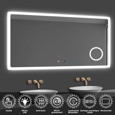 Acezanble – Miroir salle de bain 100x60cm avec éclairage LED réglable – Miroir grossissant x3 – Fonction anti-buée – Horloge numérique