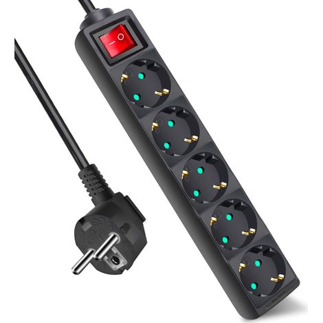 Multiprise avec 5 prises et interrupteur, câble 3M pour la maison, le bureau et les voyages, MAX 3680W, 16A, 250V, noir, 1pc (1/5)