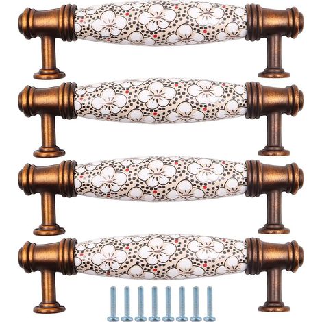 Set de 4 poignées céramique, entraxe 96 mm, motif fleuri, pour tiroirs et portes. (1/5)