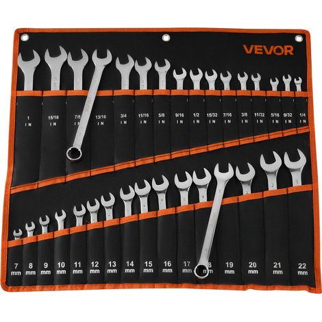 VEVOR Juego de Llaves Combinadas 32 Unidades, Llave de Estrella de 12 Puntas, Metrica y SAE, con Bolsa de Almacenamiento, Acero al Carbono, para Talleres Reparaciones de Automóvil Bricolaje Hogar