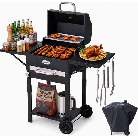 HOMAVO Barbacoa de Carbón, Superficie de Cocción: 45×32 cm, Rejilla Principal Esmaltada, Estante Térmico, Termómetro, Chimenea, Funda Impermeable