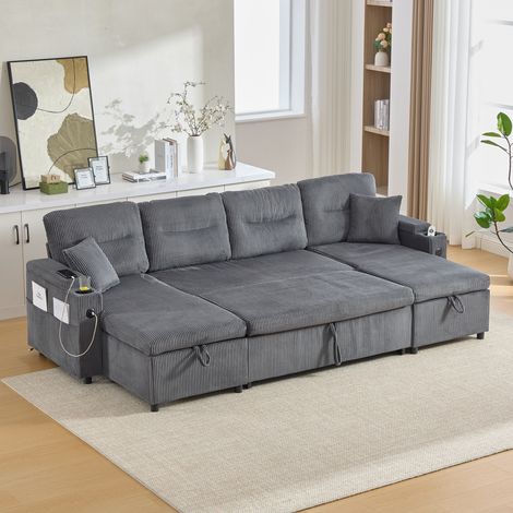 Canapé en U convertible 4 places en velours côtelé gris anthracite, 2 méridiennes avec rangement, couchage coulissant, porte-gobelets, port USB-C (1/5)