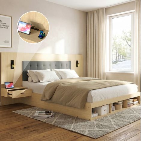 letto contenitore 180x200 con comodini rovere chiaro OKMYHOME