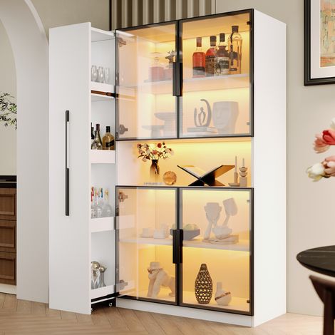 Vitrine bibliothèque 110 x 35 x 160 cm avec LED multicolore via application, portes vitrées, rangement latéral coulissant, niche ouverte, MDF, Blanc (1/5)