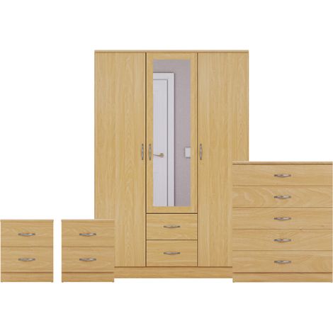 Riano 4 Piece Bedroom Set (2 Drw Bedside Chest, 5 Drw Chest, 3 Dr 2 Drw Mirrored Wardrobe), Pine (1/3)