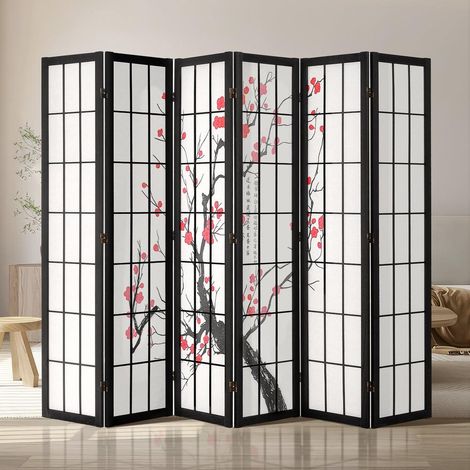 Pour Espace Privé Pliage Facile et Rotation 360° Séparateur de Pièce Paravent Japonais 6 Panneaux Cadre Noir Bois (1/5)
