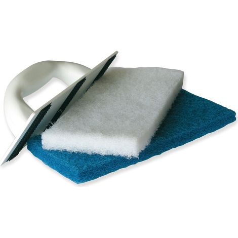 Platoir à nettoyer abrasif – Monobloc polystyrène choc – Fixation velcro – Livré avec tampons abrasifs blanc (doux) et bleu (agressif) – Pour finition joints époxy