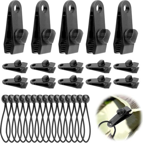 Clip per teloni da 15 pezzi e tenditori elastici da 15 pezzi, tenditori per teloni da 15 cm, fissaggio multifunzionale per tende, coperture, tendalini, striscioni e coperture per piscine (1/5)