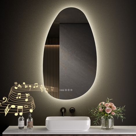 S'AFIELINA Bathroom LED Mirror 85 x 50 cm Asymmetrical with Bluetooth, 3 Colors Dimmable Light, Time, Temperature, Anti-Fog, Memory Function
