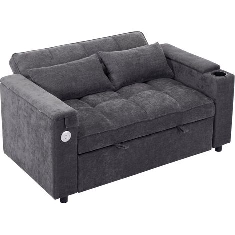 CAIzi140.57482cm canapé-lit 3-en-1 extensible, dossier réglable, port USB, canapé 2 places, canapé de salon, lit d’appoint pliable et extensible, avec table cachée et porte-gobelet, gris (1/5)