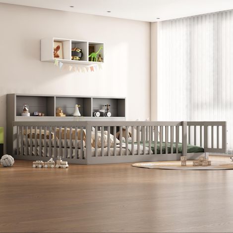 Lit de jour, 140 x 200 cm, canapé-lit, table de chevet avec rangement, sommier à lattes (matelas non inclus), barrière de sécurité, pin, gris