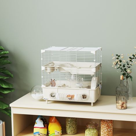 Zweistöckiger Hamsterkäfig mit drei Türen, Laufrad, Katzentoilette und Spielröhren, aus Stahl, PS und PP, 44,5 x 28 x 44 cm, cremefarben und weiß