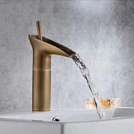 Grifo de baño, grifo tipo cascada, grifo monomando vintage para lavabo, agua fría y caliente, latón, antiguo (altura: 24 cm) (1/5)
