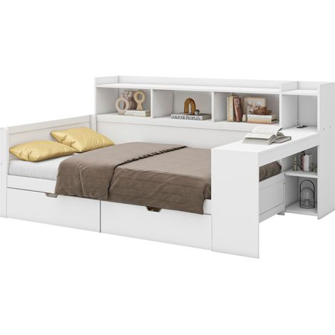 Cama individual 90x200 cm con escritorio, enchufe y puerto USB, 2 cajones y varios huecos de almacenaje, en tablero de partículas y MDF, blanca - CHICFURN (1/5)
