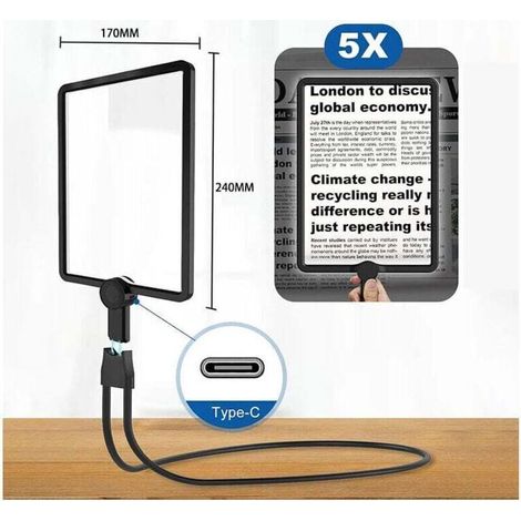 Loupe éclairante rechargeable 24x17cm avec 50 LEDLentille haute définitionCol de cygne flexible pour ajustementAgrandissement jusqu'à 500%