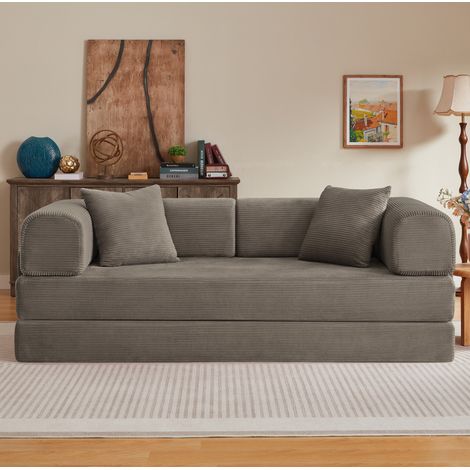 Klappsofa in Taupe aus Cord mit 2 Kissen und verchromtem Stahlgestell (1/5)
