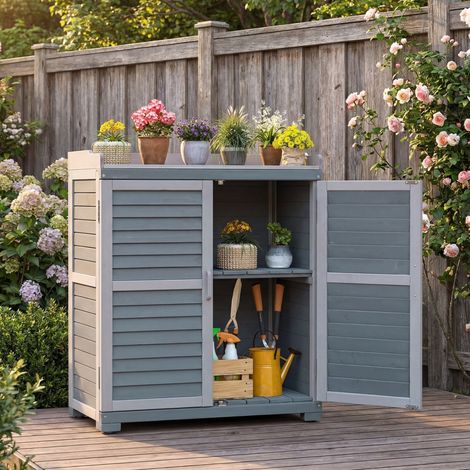 Wiltec Gartentisch mit Unterschrank und Arbeitsplatte, grau, Pflanztisch mit Schutzleisten für Gartenarbeiten, Holzschrank Werkzeugschrank Arbeitstisch für Garten