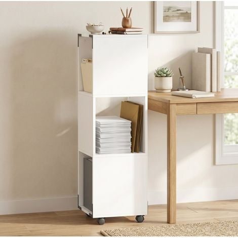 Mueble de almacenaje móvil con 3 compartimentos abiertos y ruedas con freno, blanco HAVRYA (1/5)