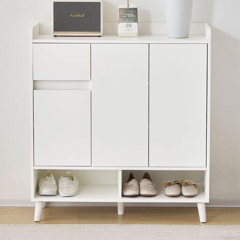 Meuble à chaussures 3 portes 1 tiroir 90x35x99 cm décor blanc (1/5)