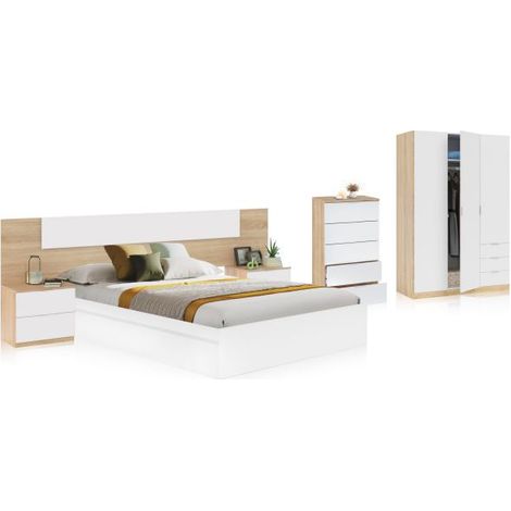 Dormitorio Akari 5C Max Blanco Artik (Blanco Mate) - Roble Canadian 156cm (ancho) x 37cm (alto)