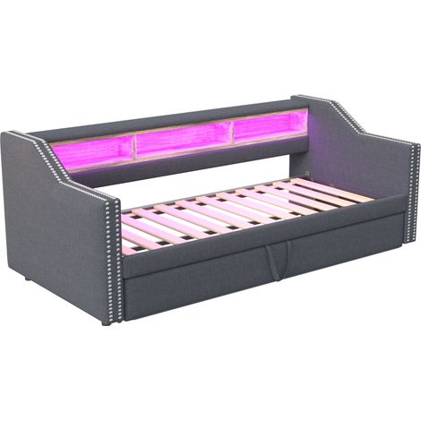 HOMVRA Tagesbett mit Ausziehbett 90/180 x 190 cm, LED, USB, Stauraum, dunkelgrau (1/5)