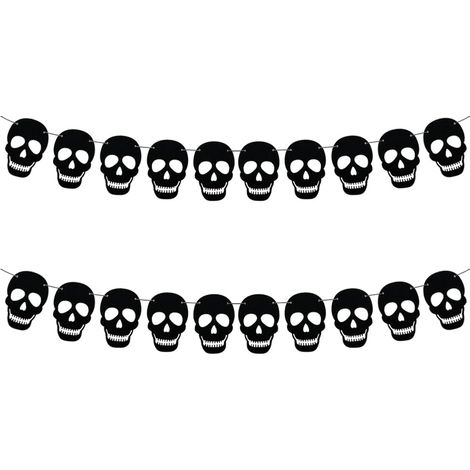 Guirlande de 2 têtes de mort et squelettes en feutrine noire – Bannière gothique d'Halloween pour fête d'anniversaire et décoration intérieure à faire soi-même (1/5)