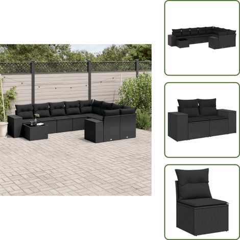 10-tlg. Garten-Sofagarnitur mit Kissen Schwarz Poly Rattan - Gartenmöbel Set - PE-Rattan Möbel - Outdoor Lounge - Esstisch - Sofas (1/5)
