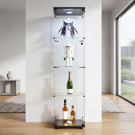 LED-Glasvitrine mit 4 Einlegeböden, Türen aus gehärtetem Glas mit Schloss, 42,5 x 36,5 x 164 cm, für Sammlerstücke und Kunstobjekte, Schwarz