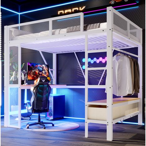 Cama alta metálica (204x145x180 cm), con escritorio, 3 cajones, armario abierto, MDF y metal, blanco (1/5)