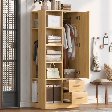 MODFU – Armario 70x50x170 cm de MDF con 2 roperos, estantes y 2 cajones, carga 55 kg – Madera natural (1/5)