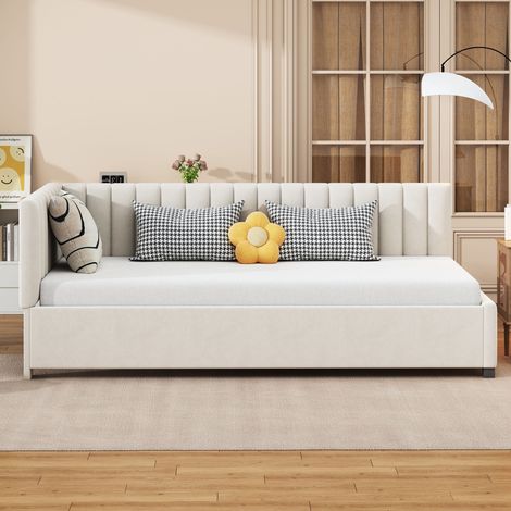Lit enfant 90x200 cm rembourré avec sommier à lattes et accoudoirs, tissu en velours, sans matelas, beige (1/5)