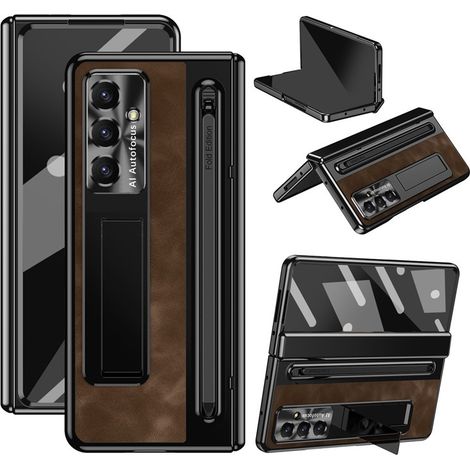 Étui en cuir marron pour Samsung Galaxy Z Fold7 5G, avec support, verre trempé et stylet. (1/5)