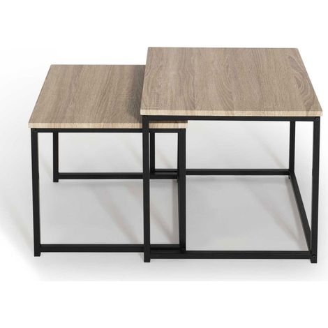 Idmarket – Lot de 2 tables basses gigognes – Structure métal noir – Plateau en bois PB 1,5 cm – Dimensions 40x40 cm et 45x45 cm – Design industriel