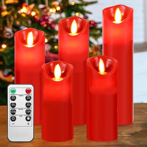 Randaco LED Kerzen 5er Set Echtwachs Flackernd Flammenlose mit Fernbedienung Timer Funktion & mehrstufig dimmbar bewegliche Flamme Echtwachskerzen Rot