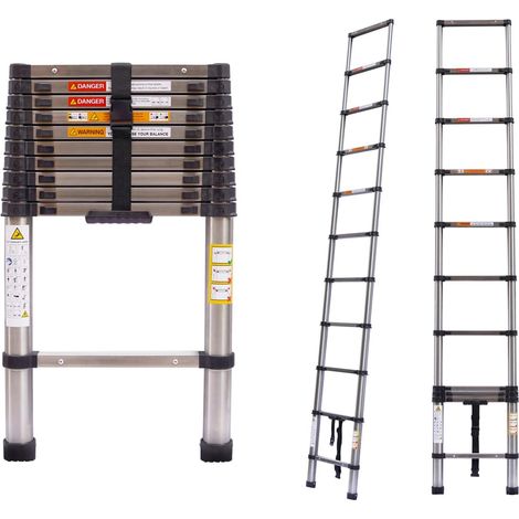 3.2M Telescopic Ladder 10.5FT Multi-Purpose Stainless Steel Telescoping Ladder Extendable Portable Sturdy Loft Ladder with EN131 & CE Standard for Draw Wall Replace Bulb Clean Window Repair Roof (1/5)