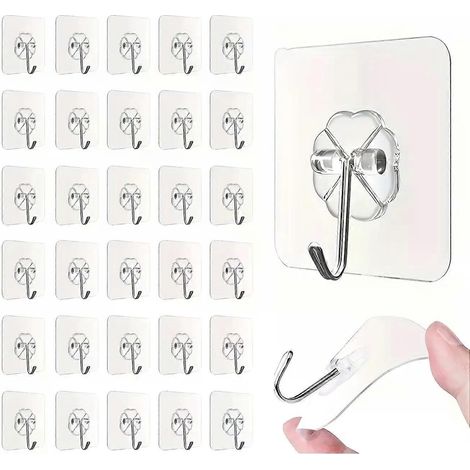 Lot de 30 crochets adhésifs transparents et résistants pour portes et murs, avec ventouses pour charges lourdes, idéaux pour la cuisine et la salle de bain. (1/4)