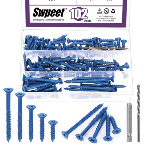 52 Pack 1/4" x 3.5" Flat Head Concrete Dowels with Screwdriver Bits and Assorted Drills, Self Tapping Concrete Screws for Block Anchor (1/4 Inch Assortment Kit) (1/5)